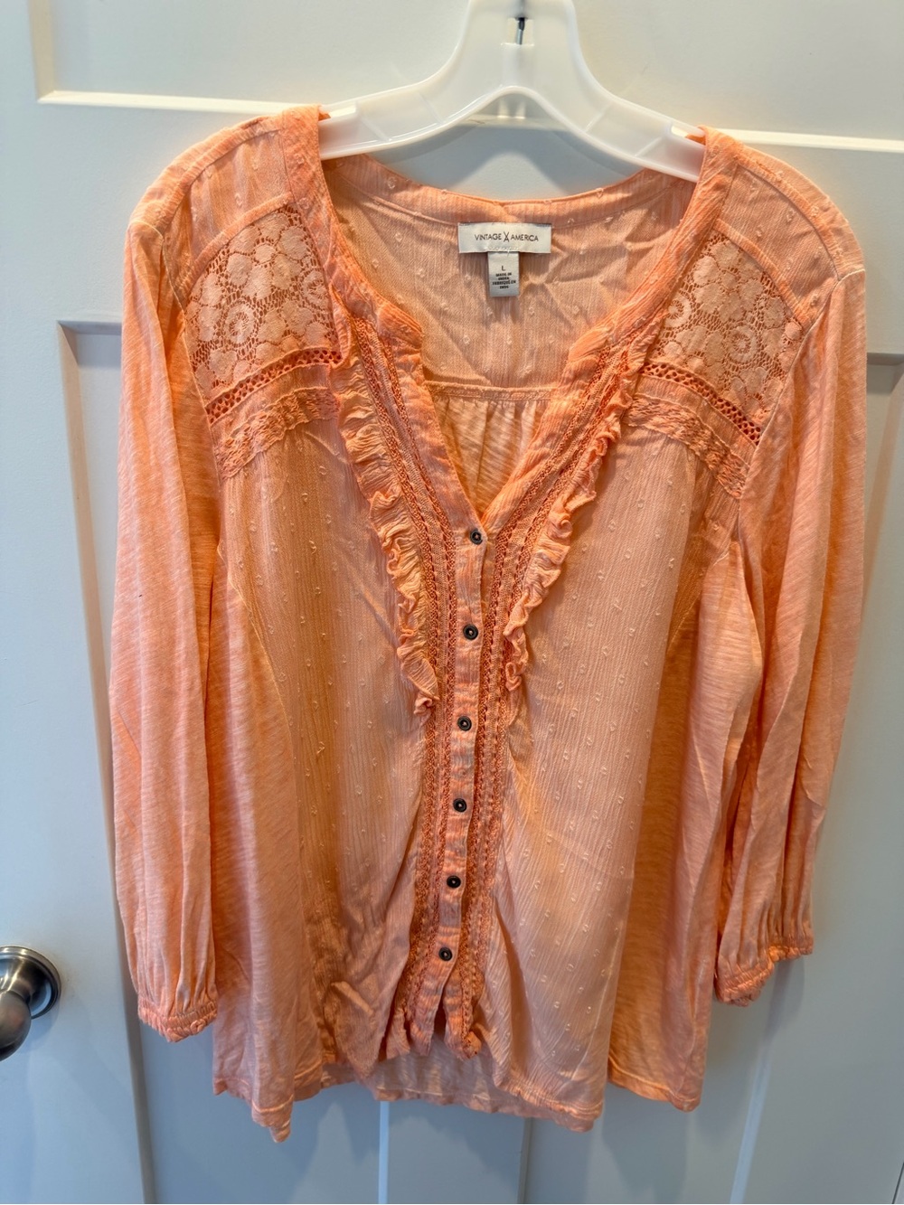 Vintage America Blouse Large Coral Lace Ruffle Boho Peasant Top
